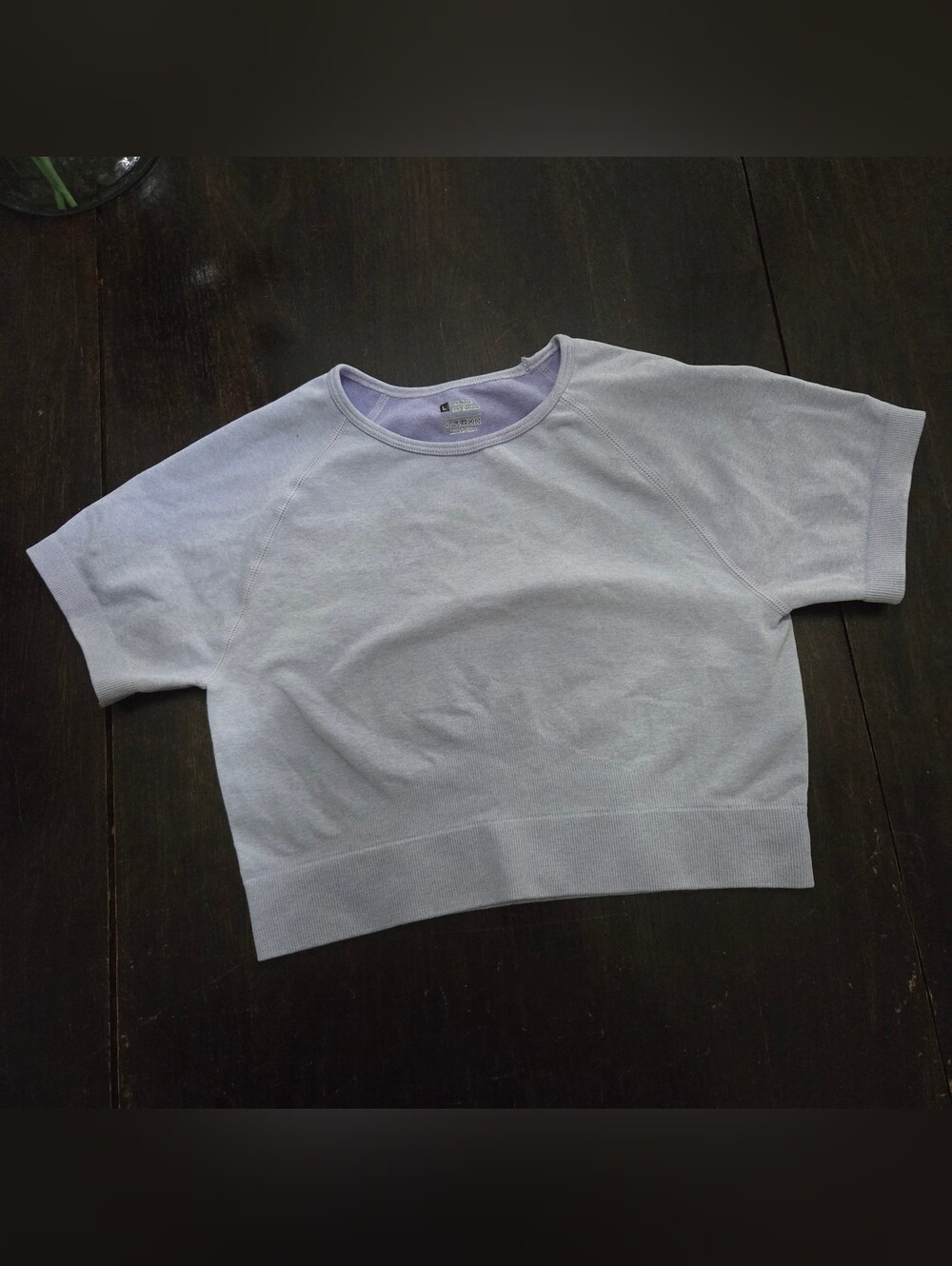 short-sleeve seamless cropped workout top in a light purple Sz L